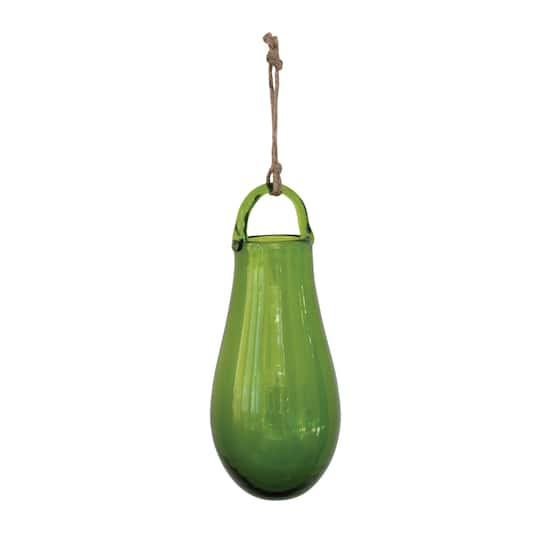 8&#x22; Green Hand Blown Glass Hanging Vase